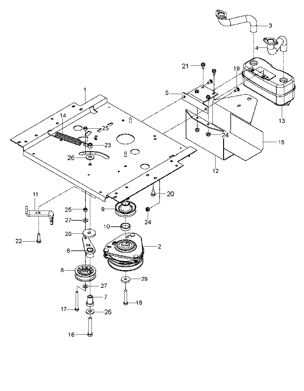 Engine Mounting, Guards And Muffler Diagram and Parts List for EZ24TCE 966659702-00, 2011-10 Husqvarna Lawn Tractor