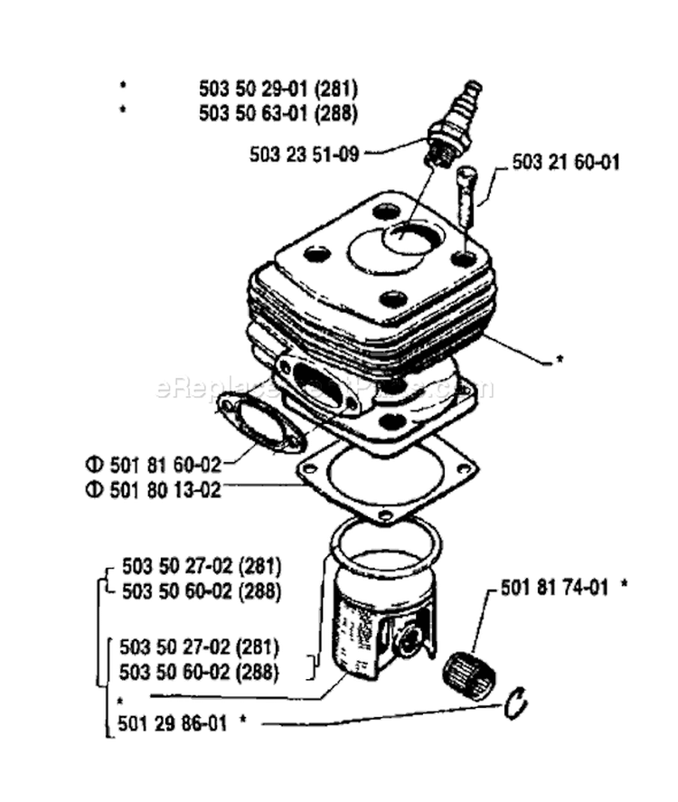 Page J Diagram and Parts List for 281 1990-01 Husqvarna Chainsaw