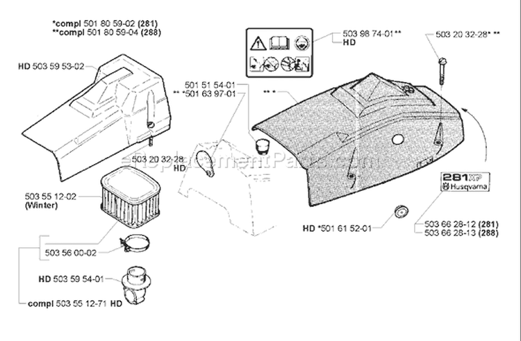 Page M Diagram and Parts List for 281 2001-10 Husqvarna Chainsaw