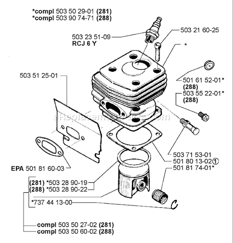 Page K Diagram and Parts List for 288EPA 288 EPA 2000-02 Husqvarna Chainsaw