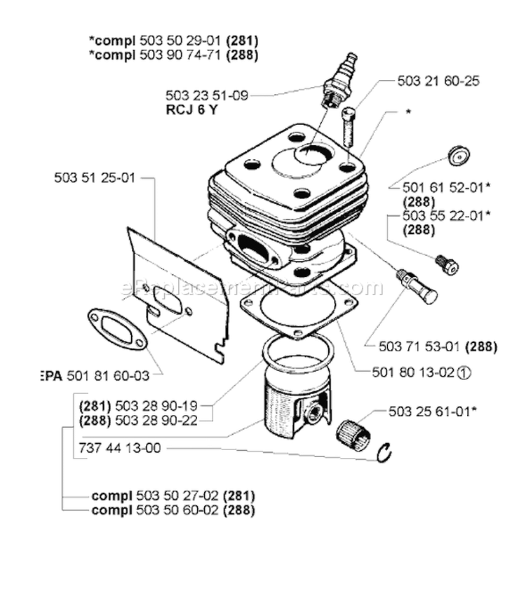 Page J Diagram and Parts List for 281 2001-10 Husqvarna Chainsaw