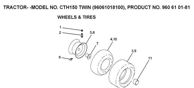 Wheels And Tires Diagram and Parts List for CTH150 (96061018200)(2007-04) Husqvarna Lawn Tractor