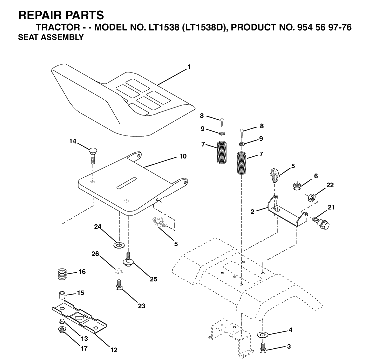 Seat Diagram and Parts List for LT1538-LT1538D 2003-01 Husqvarna Lawn Tractor