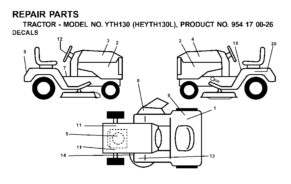 Decals Diagram and Parts List for YTH130 (HEYTH130L, 954170026)(2001-09) Husqvarna Lawn Tractor