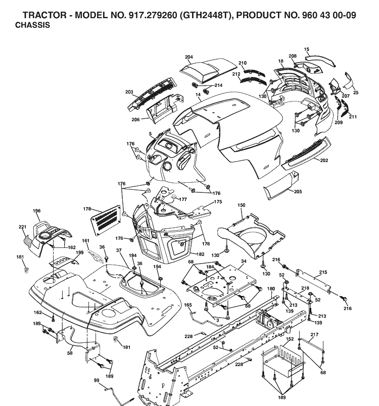 Chassis And Enclosures Diagram and Parts List for GTH2448T (917279260)(2006-06) Husqvarna Lawn Tractor