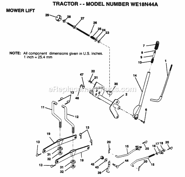 Mower Lift Diagram and Parts List for WE18N44A 1995 Husqvarna Lawn Tractor