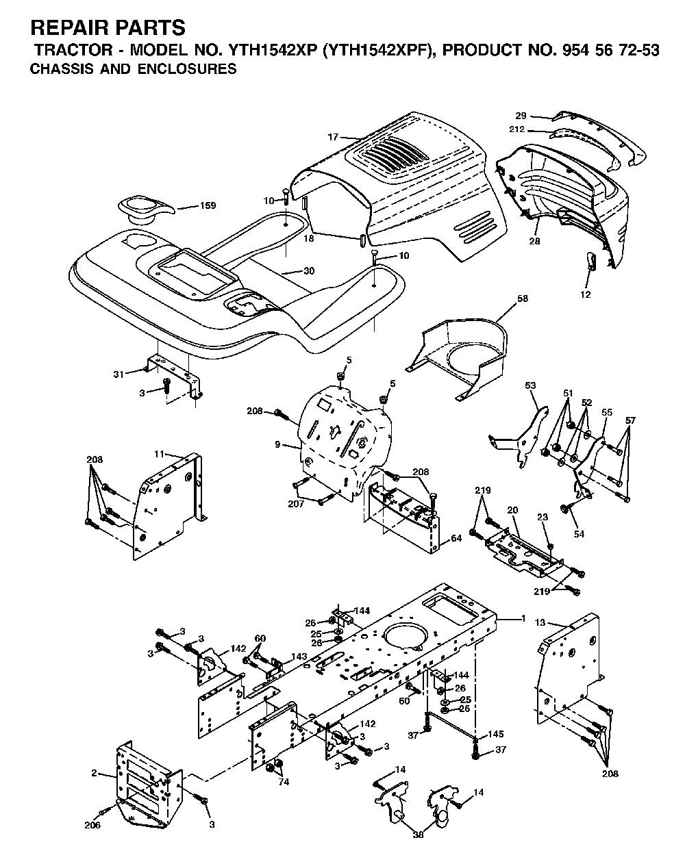 Chassis And Enclosures Diagram and Parts List for YTH1542XPF (954567253)(2002-03) Husqvarna Lawn Tractor