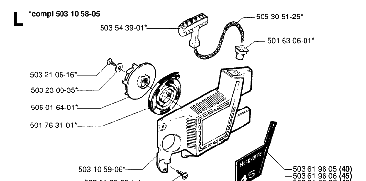 Starter Diagram and Parts List for 49 19981800001-20013499999 Husqvarna Chainsaw