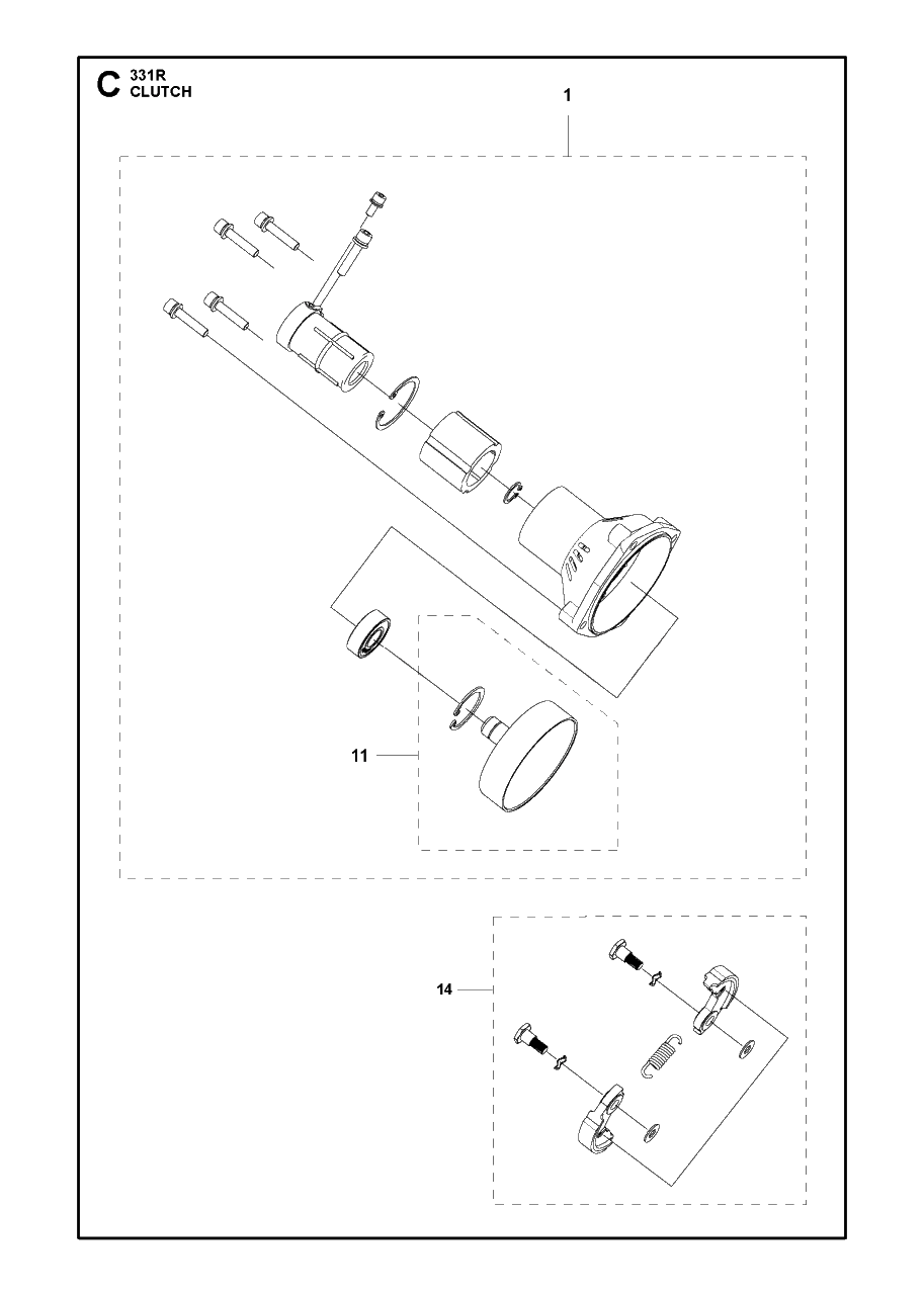 Clutch Diagram and Parts List for 331R 20191400001 & Above Husqvarna Brush Cutter