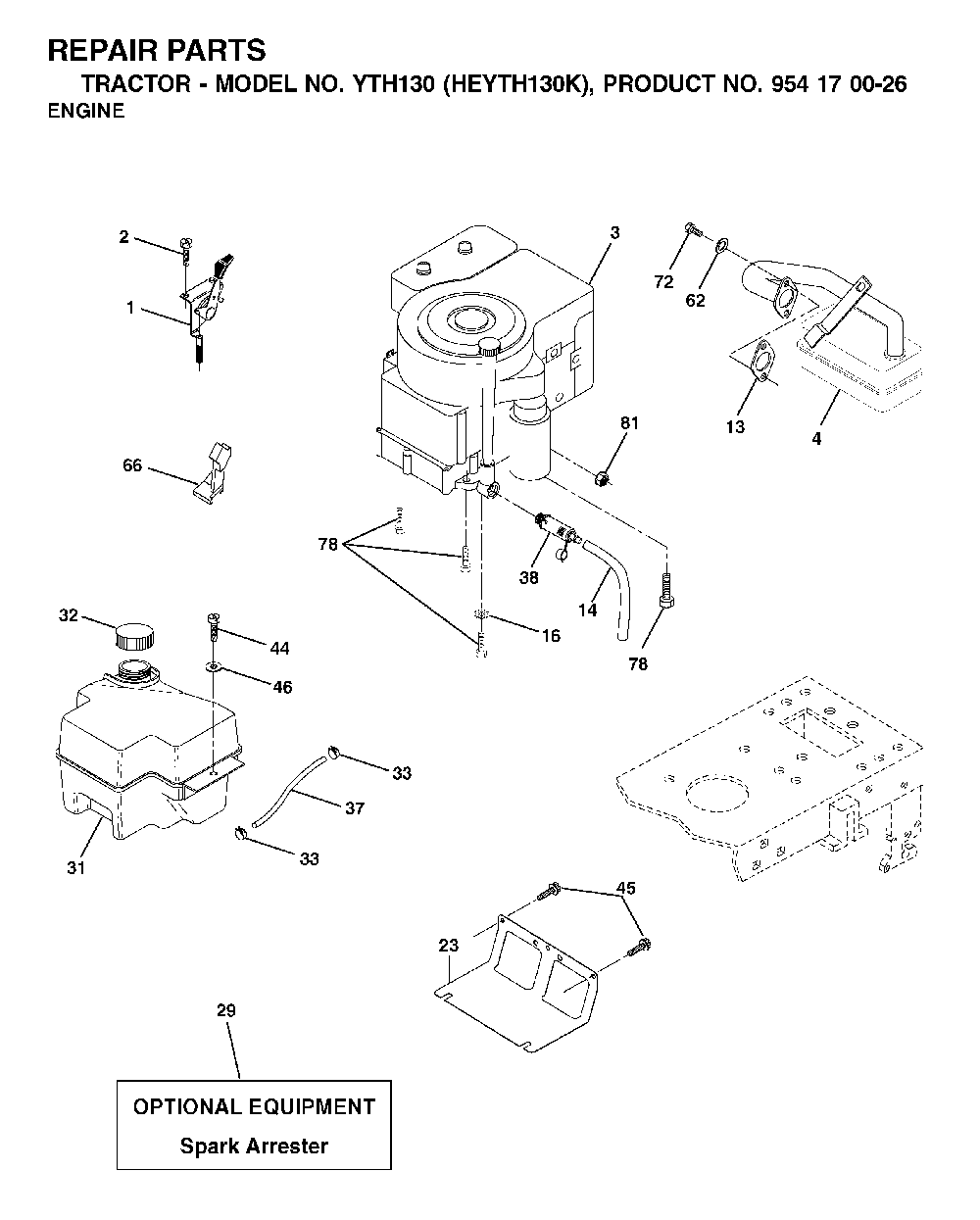 Engine And Cutting Equipment Diagram and Parts List for YTH130 (HEYTH130K, 954170026)(2001-01) Husqvarna Lawn Tractor