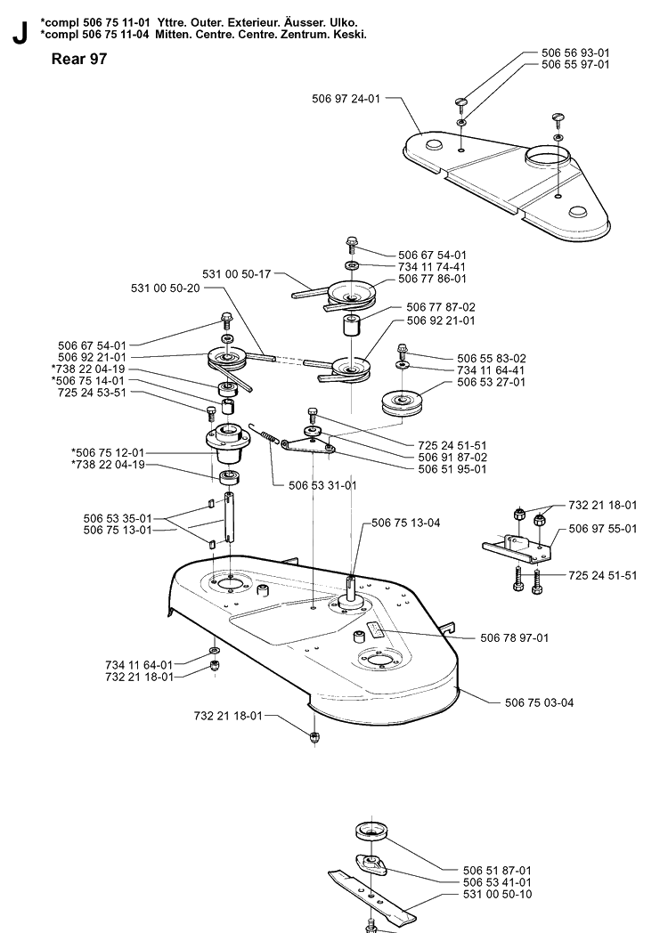97cm Cutting Deck Diagram and Parts List for PR14 2000-02 Husqvarna Lawn Mower