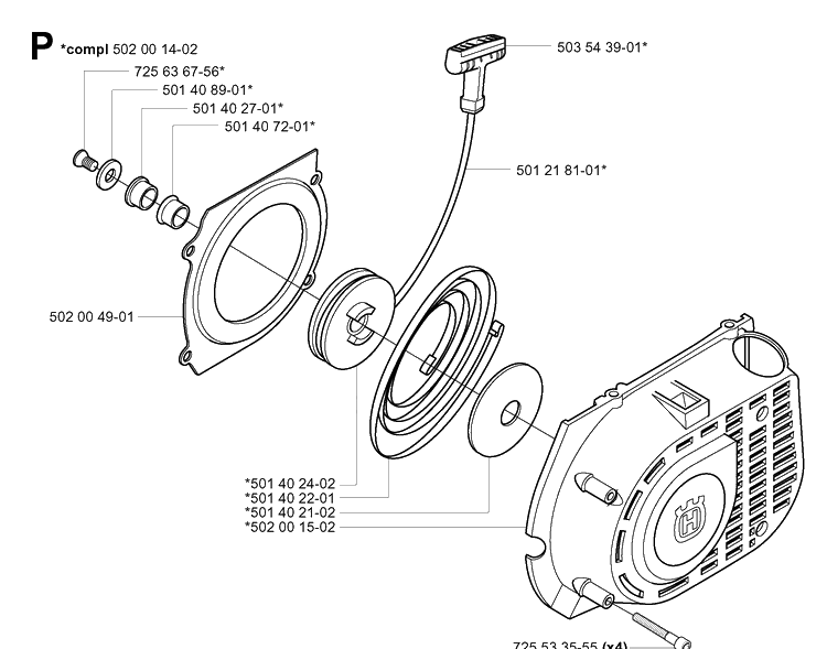 Starter Diagram and Parts List for 265RX 20012600001-20023100000 Husqvarna Brush Cutter