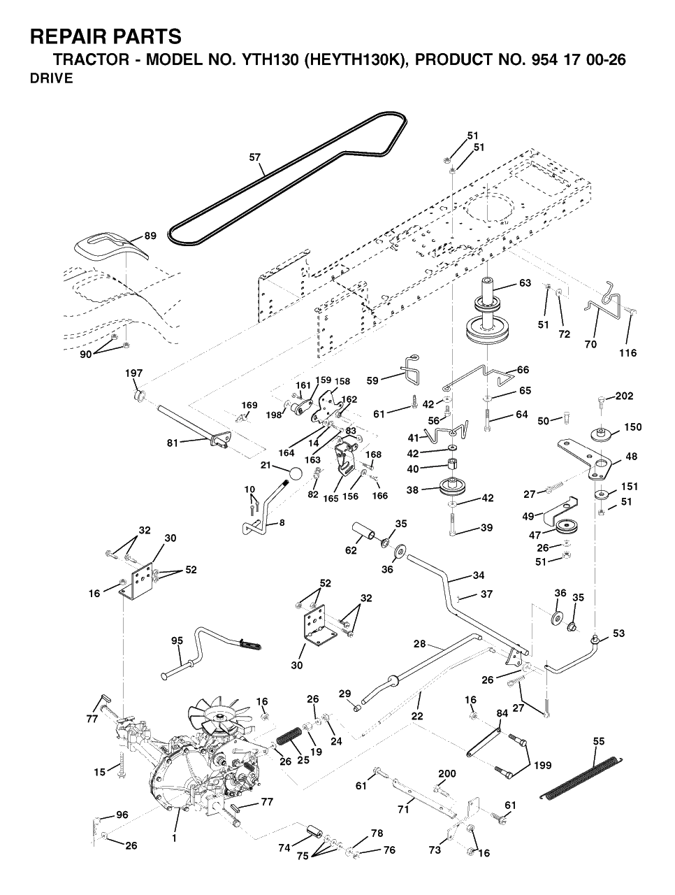 Drive Diagram and Parts List for YTH130 (954170026-K)(2001-01) Husqvarna Lawn Tractor