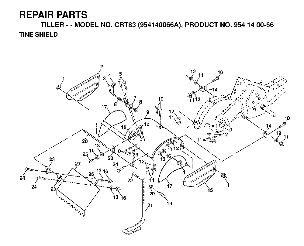 Tine Shield Diagram and Parts List for CRT83 (954140066A)(1998-02) Husqvarna Tiller
