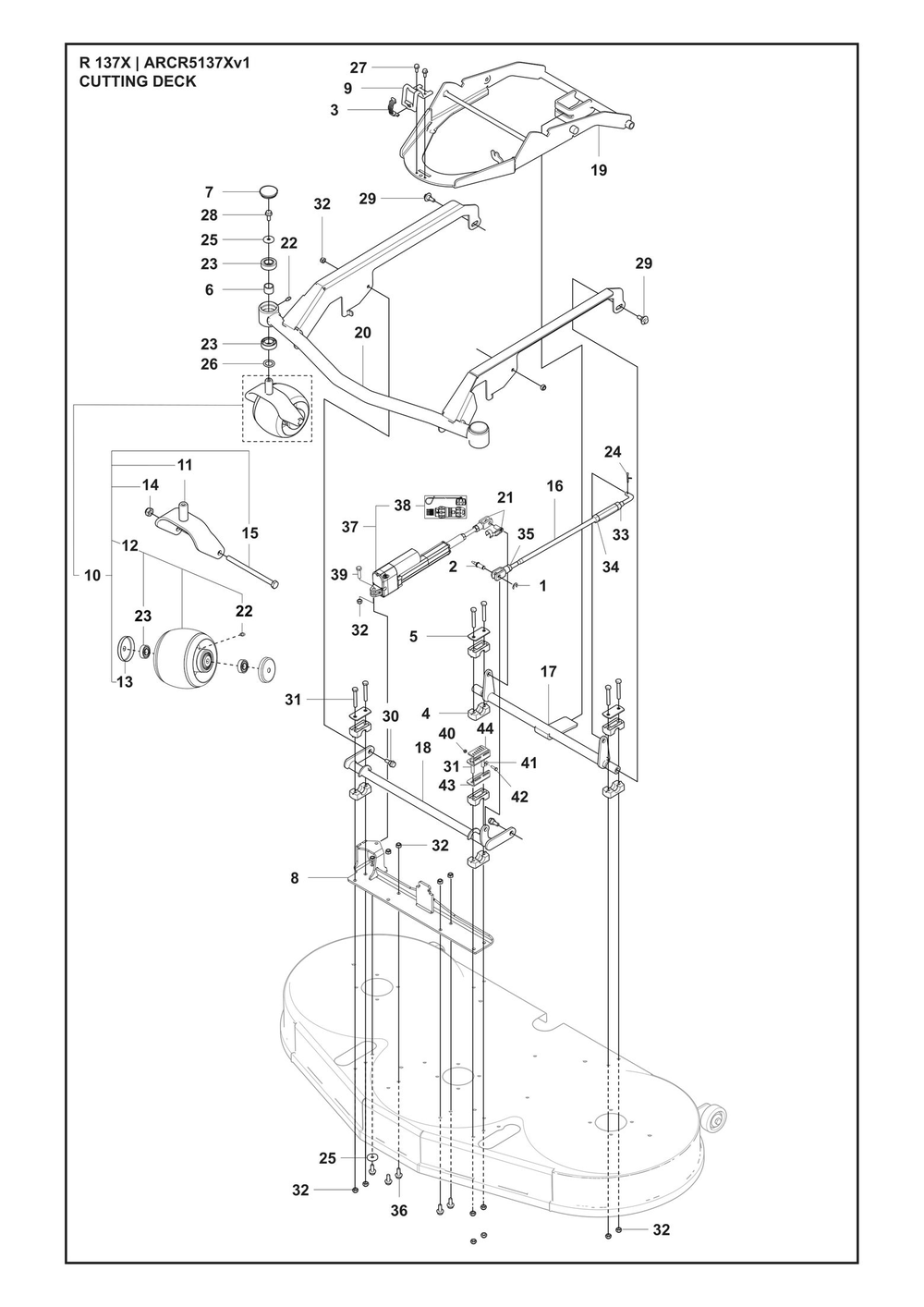 Mower Deck / Cutting Deck Diagram and Parts List for R137X ARCR5137Xv1 Husqvarna Lawn Tractor Accessories