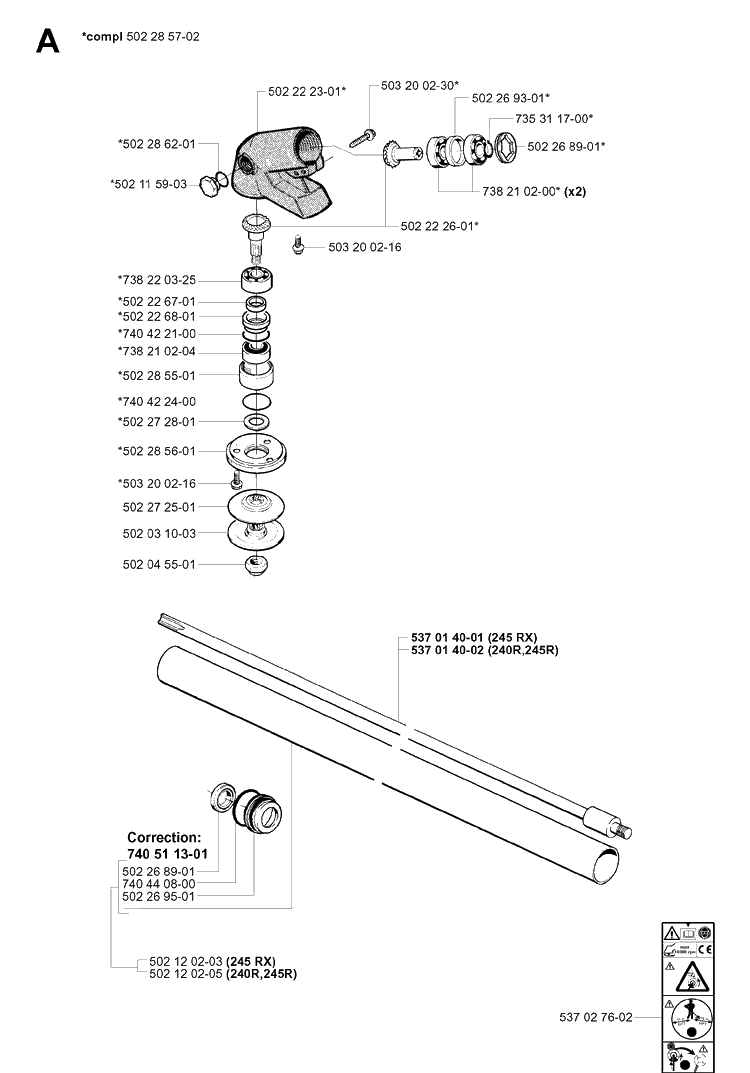 Bevel Gear And Shaft Diagram and Parts List for 245 20010100001-Current Husqvarna Brush Cutter