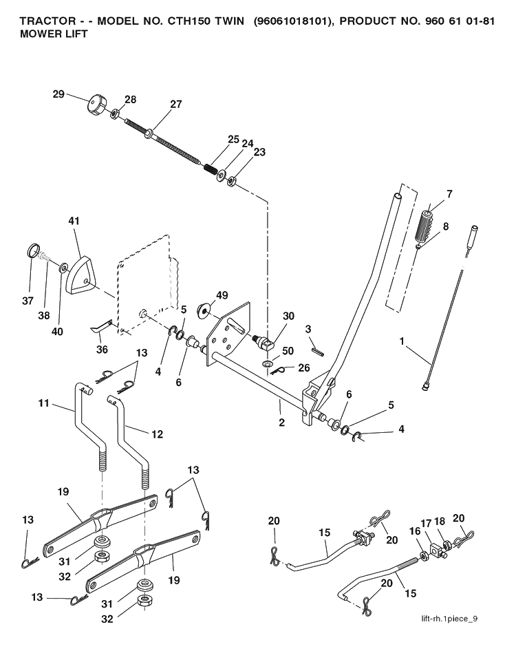 Mower Lift / Deck Lift Diagram and Parts List for CTH150 (96061018101)(2008-07) Husqvarna Lawn Tractor