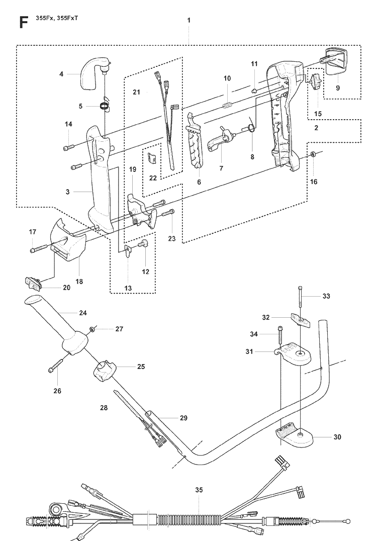 Handle And Controls Diagram and Parts List for 355FXT 20073100001-20082700000 Husqvarna Brush Cutter