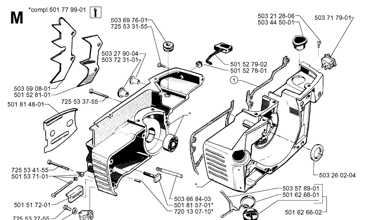 Crankcase Diagram and Parts List for 61 20014000001-20110100000 Husqvarna Chainsaw