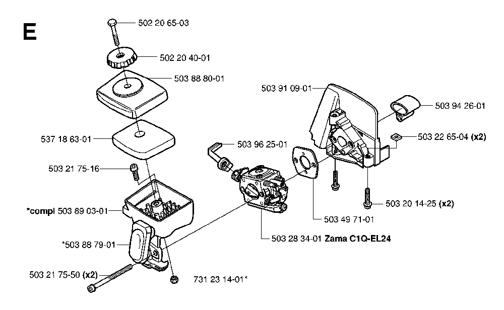 Carburetor And Air Filter Diagram and Parts List for 323P4 20062700001 Husqvarna Pole Saw