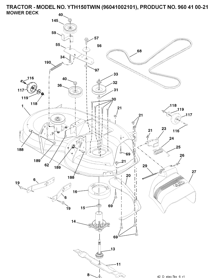 Mower Deck / Cutting Deck Diagram and Parts List for YTH150 (96041002101)(2008-01) Husqvarna Lawn Tractor