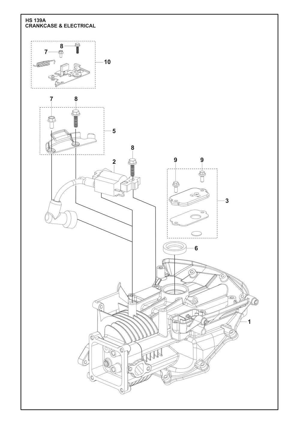 Crankcase And Electrical Diagram and Parts List for HS139A531450701 531450702, 599912201, 599912202 Husqvarna Engine