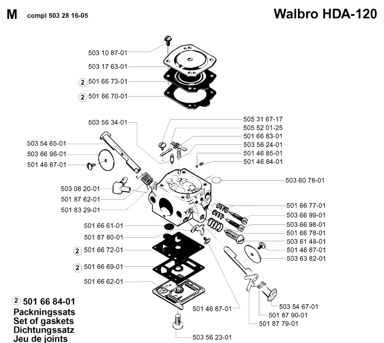 Carburetor Details Diagram and Parts List for 262XP 19981400001-19992300000 Husqvarna Chainsaw