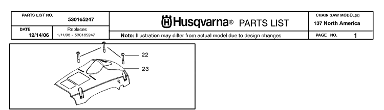 Cover Diagram and Parts List for 137 20064900001-20070100000 Husqvarna Chainsaw