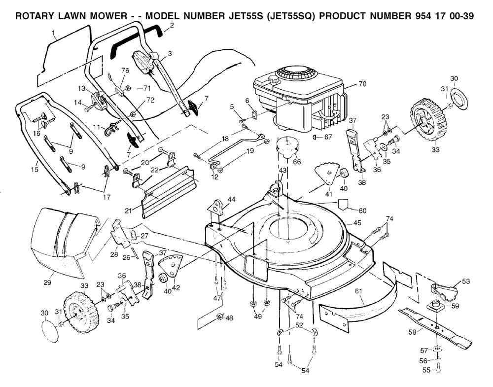 Frame And Engine Diagram and Parts List for JET55 (954170039-Q)(2002-01) Husqvarna Lawn Mower
