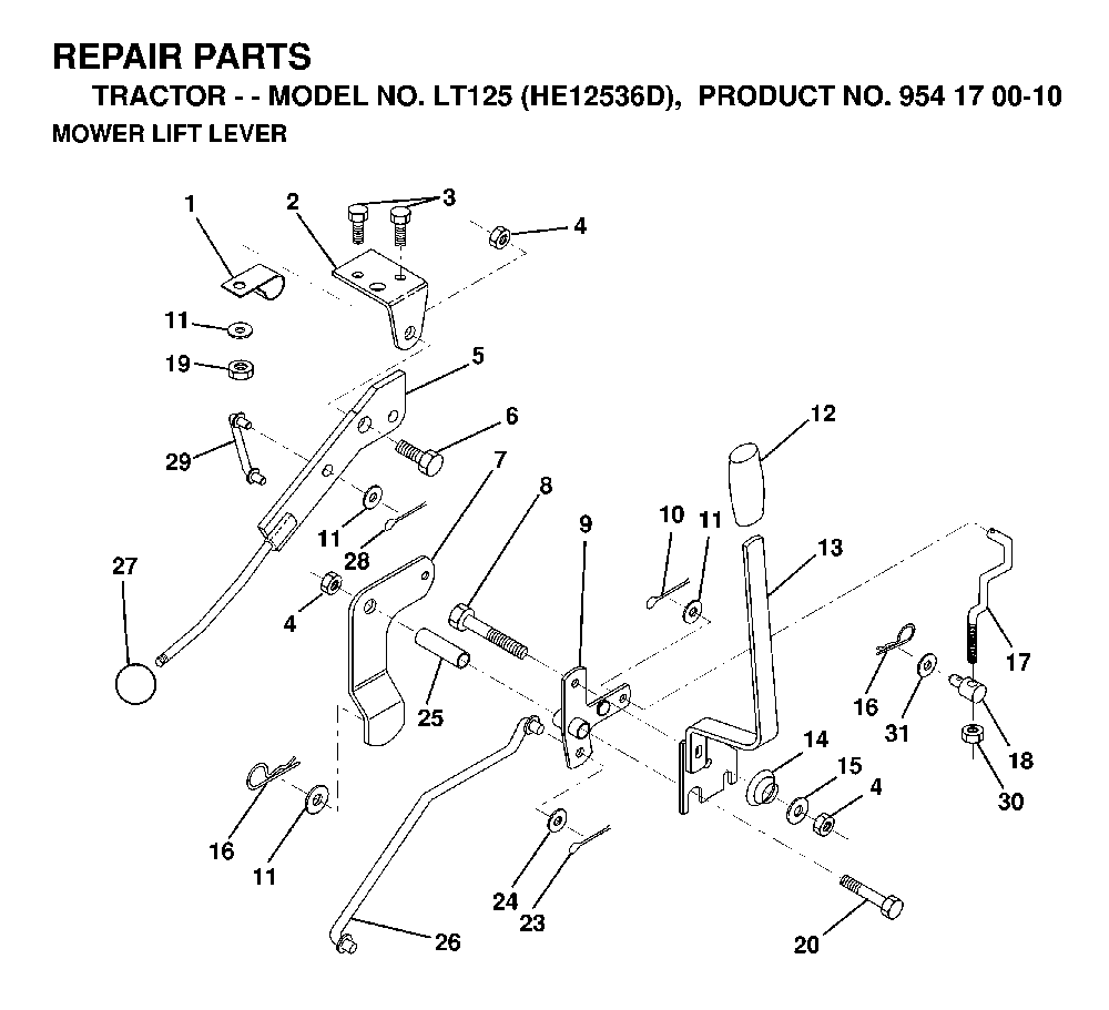 Mower Lift Lever Diagram and Parts List for LT125 (HE12536D, 954170010)(1998-12) Husqvarna Lawn Tractor