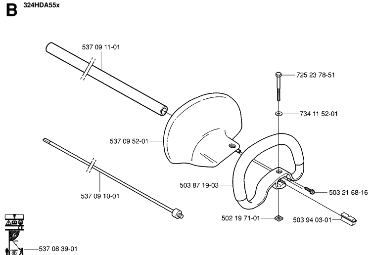 Shaft And Handle Diagram and Parts List for 324HDA55 (X-SERIES)(20041800001-20053600000) Husqvarna Hedge Trimmer