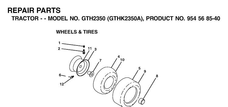 Wheels And Tires Diagram and Parts List for GTH2350-GTHK2350A 2002-07 Husqvarna Lawn Tractor