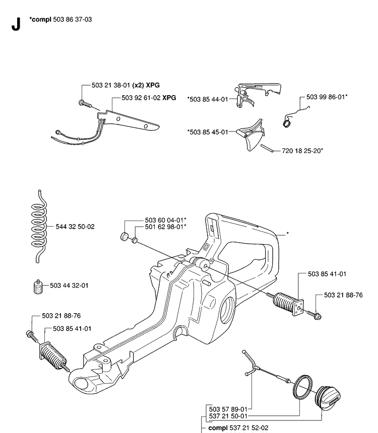 Fuel Tank Diagram and Parts List for 346XP 20070500001-20071300000 Husqvarna Chainsaw