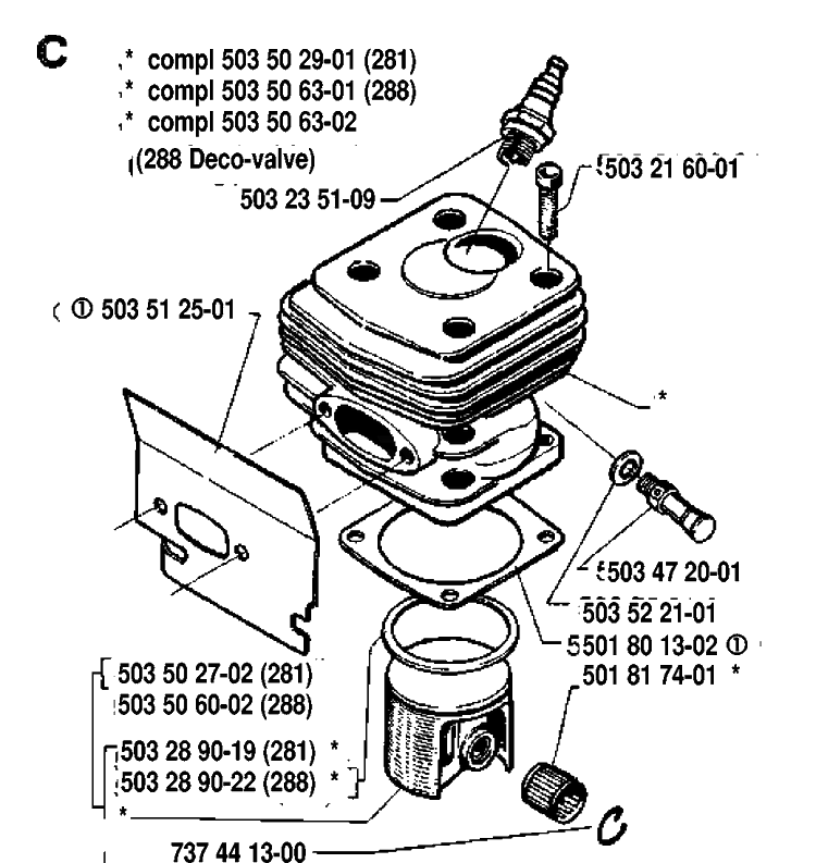 Cylinder Piston Diagram and Parts List for 288 19911400001-19933600000 Husqvarna Chainsaw