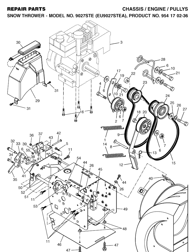 Chassis, Engine And Pulleys Diagram and Parts List for 9027STE (EU9027STEA)(2004-09) Husqvarna Snow Blower