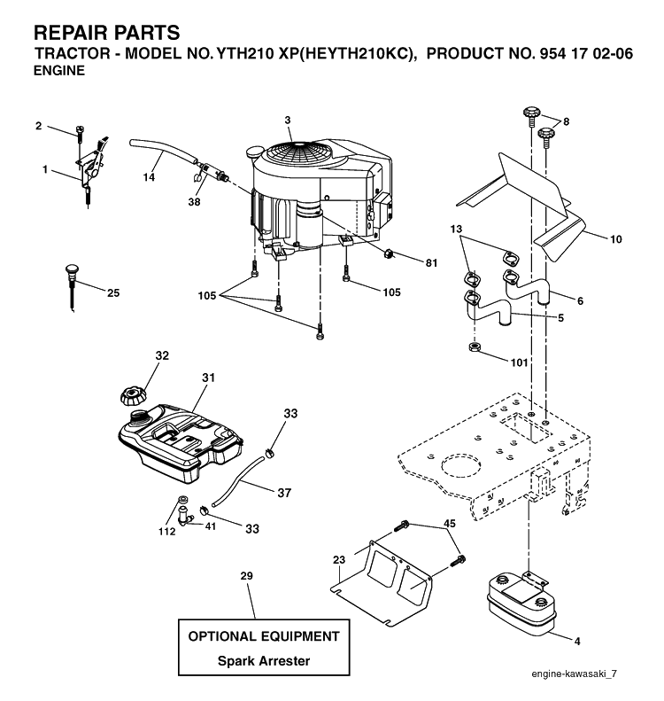 Engine Diagram and Parts List for YTH210XP (HEYTH210KC)(2004-06) Husqvarna Lawn Tractor