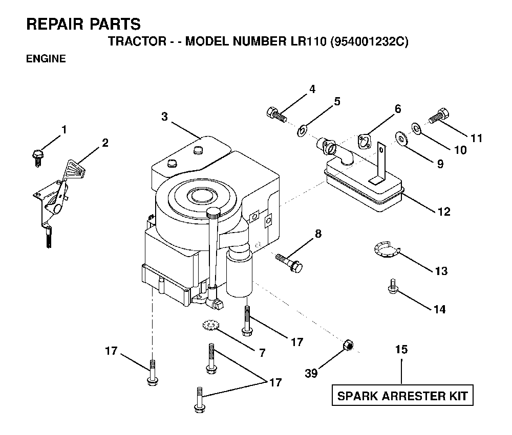 Engine Diagram and Parts List for LR110 (954001232C)(1995-08) Husqvarna Lawn Tractor