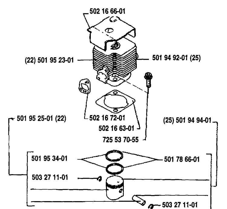 Piston/Cylinder Diagram and Parts List for 22RL 1989-09 Husqvarna Trimmer