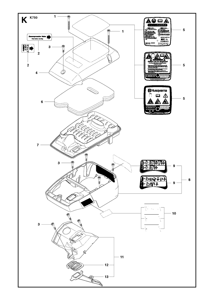 Cylinder Cover Diagram and Parts List for K750 2009-07 Husqvarna Lawn Tractor Accessories
