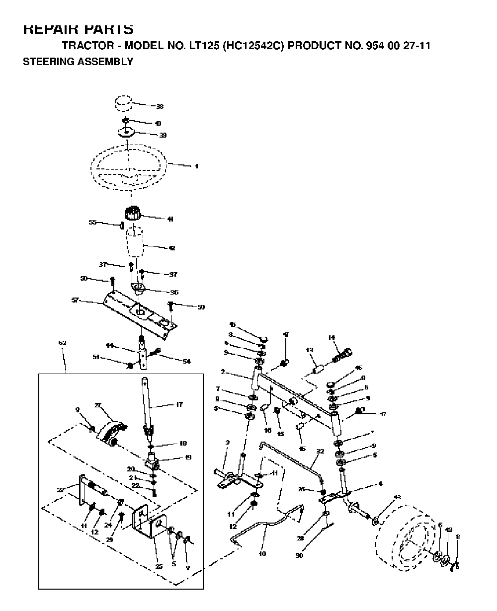 Steering Diagram and Parts List for LT125 (HC12542C, 954002711)(1996-04) Husqvarna Lawn Tractor