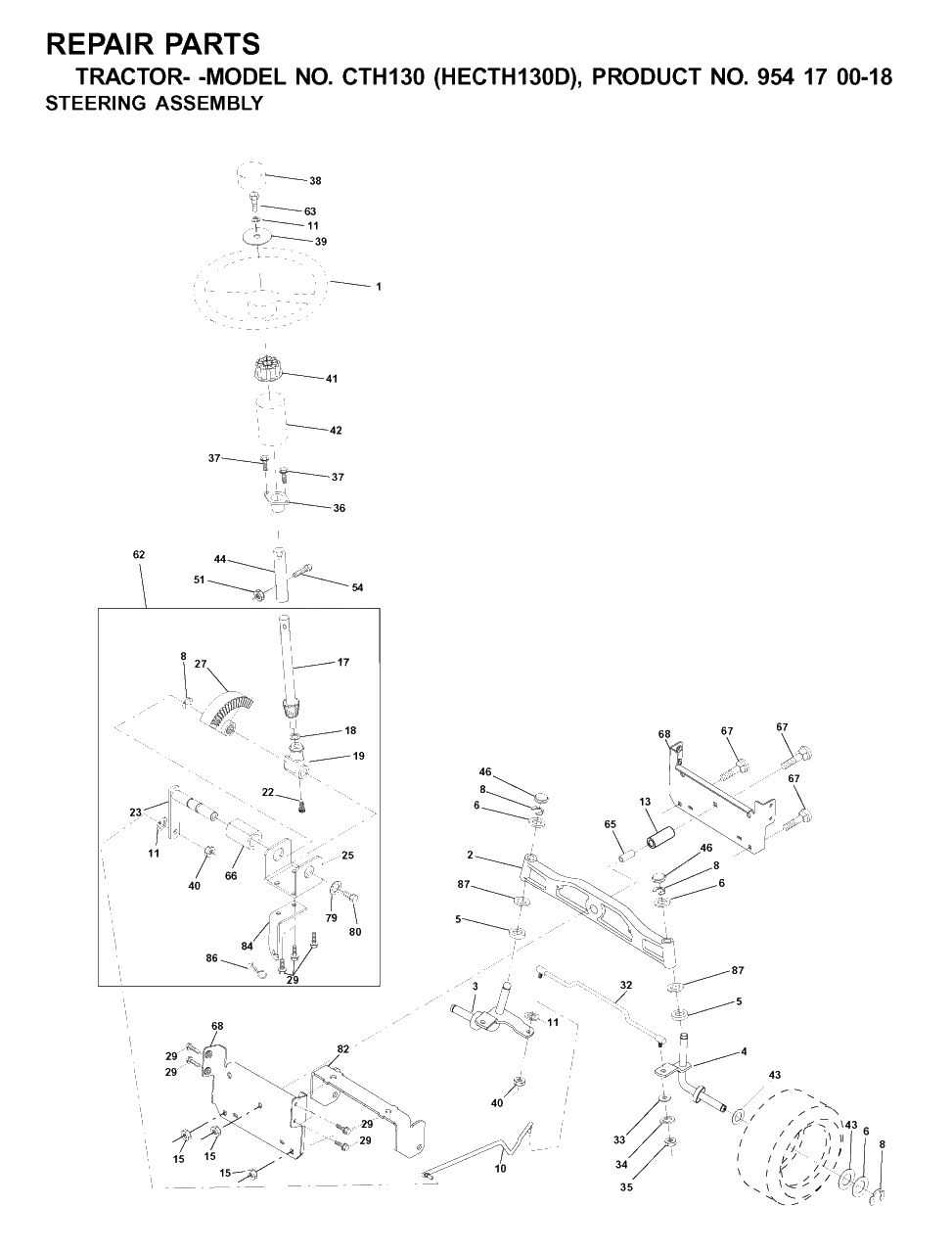 Steering Diagram and Parts List for CTH130 (954170018-D)(2001-02) Husqvarna Lawn Tractor