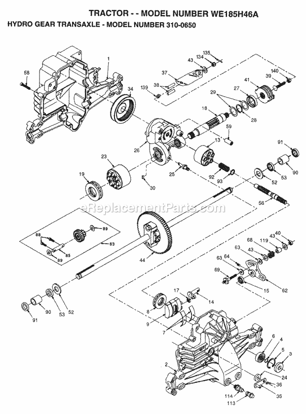 Hydro Gear Transaxle Diagram and Parts List for WE185H46A 1998 Husqvarna Lawn Tractor