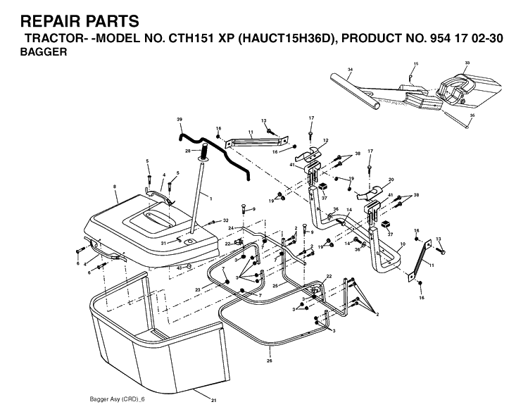 Bagger Diagram and Parts List for CTH151XP (HAUCT15H36D)(2004-09) Husqvarna Lawn Tractor