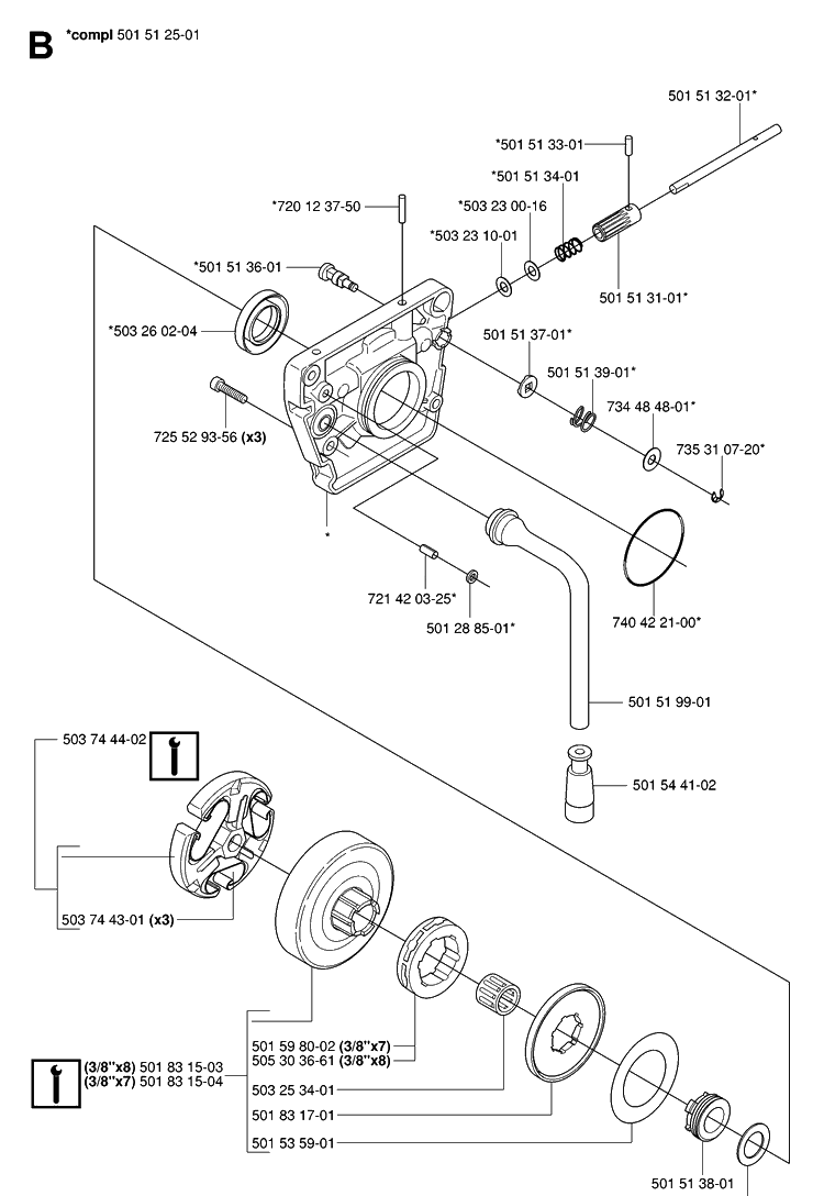 Clutch And Oil Pump Diagram and Parts List for 272XP 20070100001-20091400000 Husqvarna Chainsaw