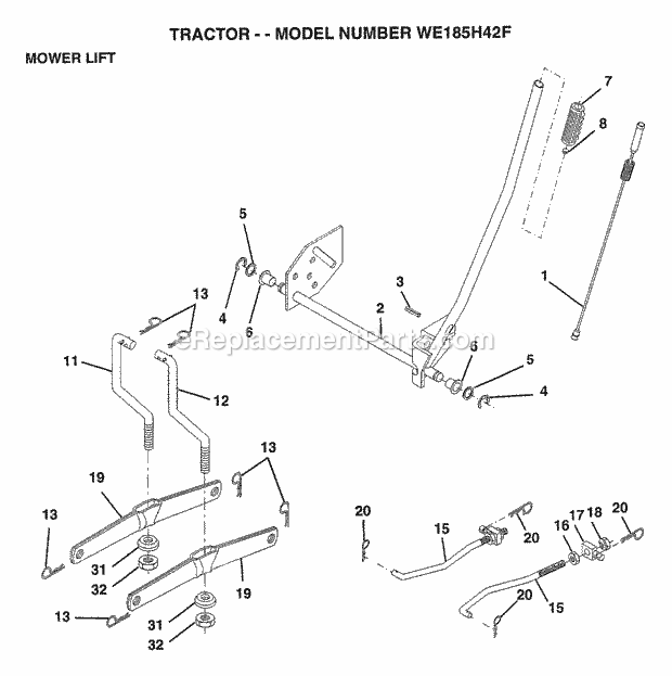 Mower Lift Diagram and Parts List for WE185H42F 1999 Husqvarna Lawn Tractor