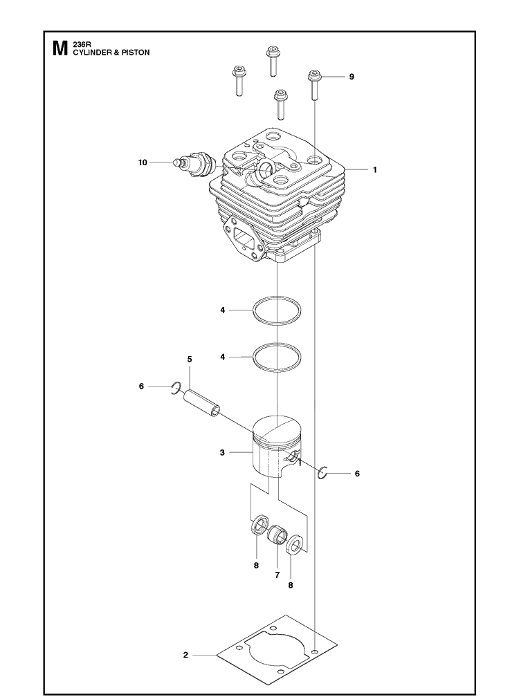 Cylinder Piston Diagram and Parts List for 236R  Husqvarna Brush Cutter
