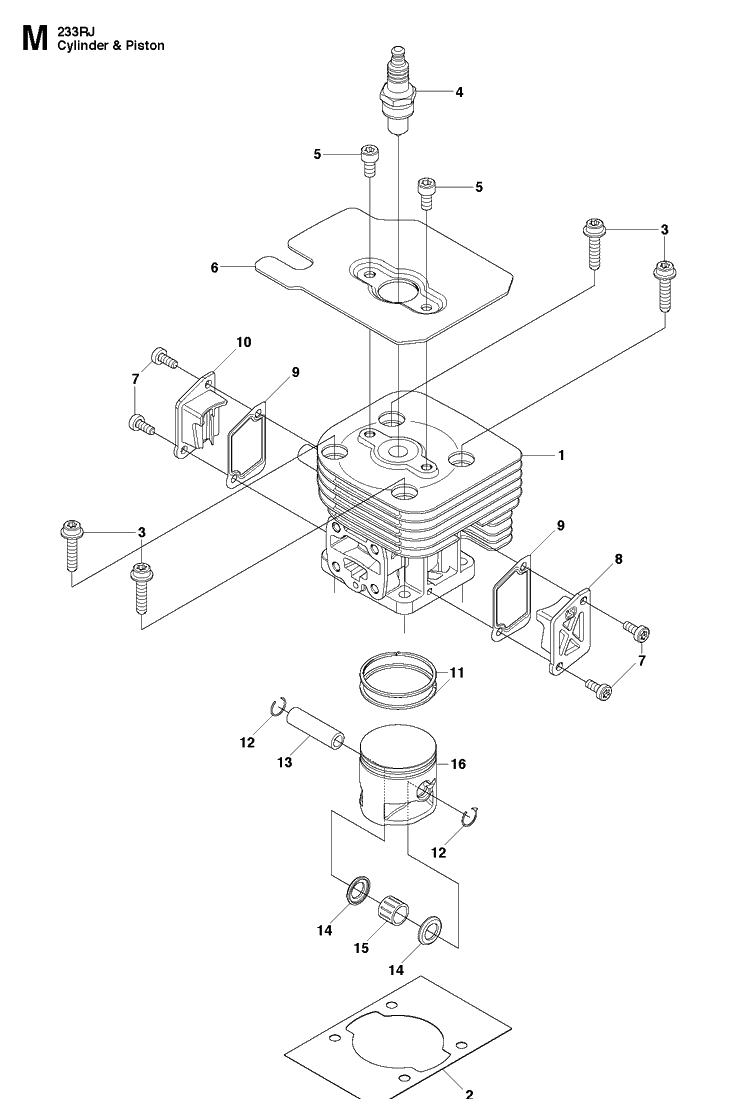 Cylinder Piston Diagram and Parts List for 233RJ 20090100001-20112700000 Husqvarna Brush Cutter