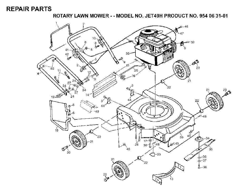 Product Complete Diagram and Parts List for JET49H (954063101)(1999-02) Husqvarna Lawn Mower