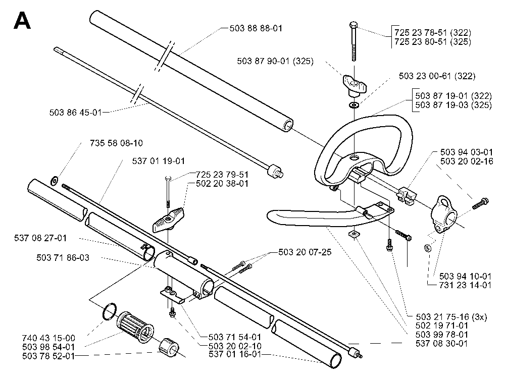 Shaft And Handle Diagram and Parts List for 325RJ (X-SERIES)(20000100001) Husqvarna Brush Cutter