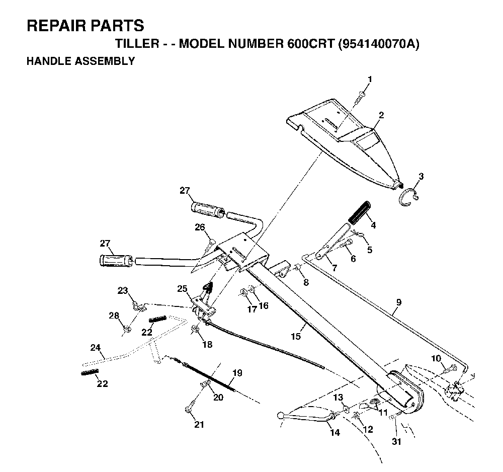 Handle And Controls Diagram and Parts List for 600CRT (954140070A)(1999-04) Husqvarna Tiller